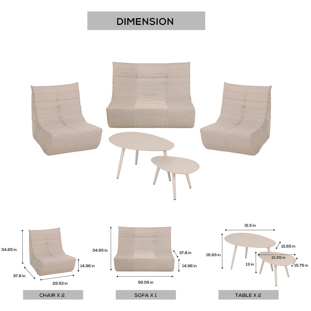 5 Piece Beige Compressed Foam Loveseat Sofa Chairs and Table Set. Picture 11
