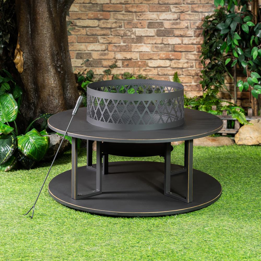38 Inch Diameter Outdoor Steel Woodburning  Fire Pit with Log Storage. Picture 8