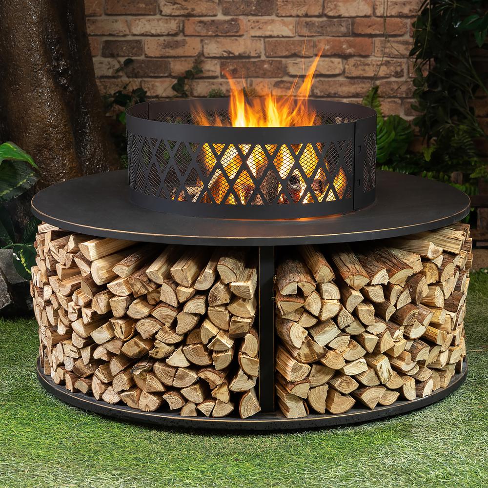 38 Inch Diameter Outdoor Steel Woodburning  Fire Pit with Log Storage. Picture 9