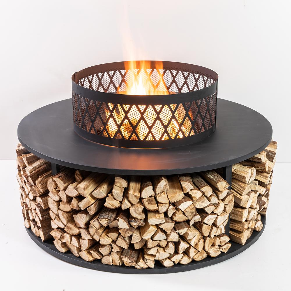 38 Inch Diameter Outdoor Steel Woodburning  Fire Pit with Log Storage. Picture 4