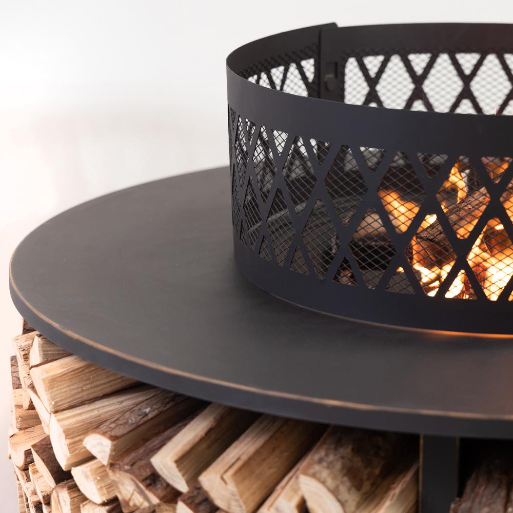 38 Inch Diameter Outdoor Steel Woodburning  Fire Pit with Log Storage. Picture 5