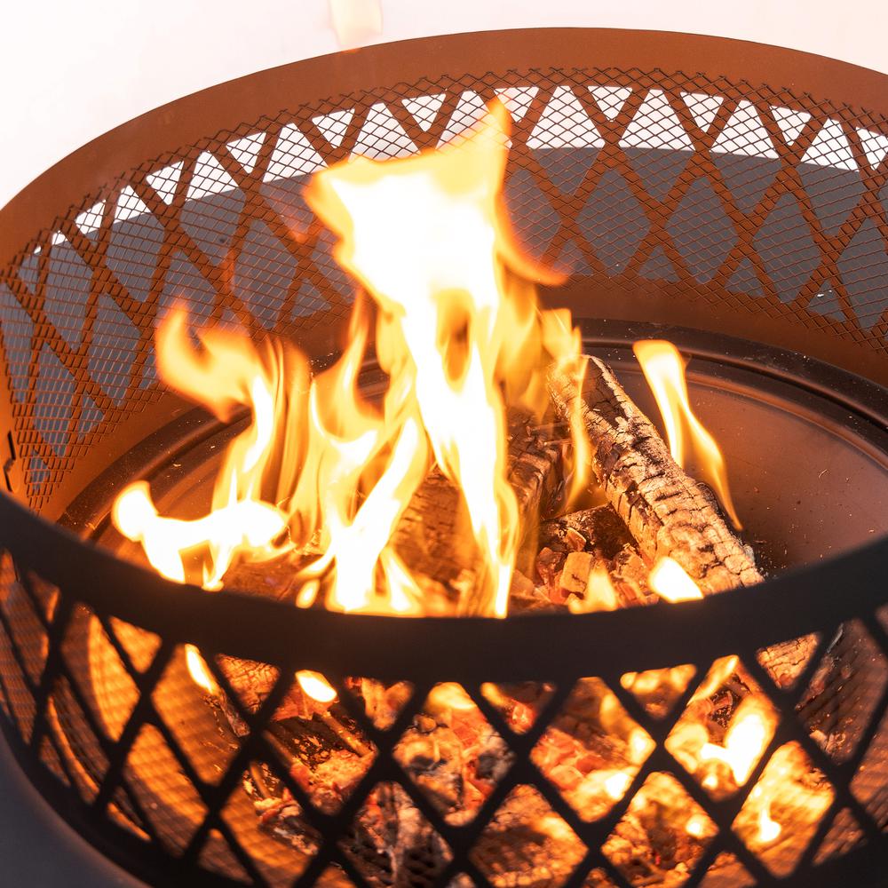 38 Inch Diameter Outdoor Steel Woodburning  Fire Pit with Log Storage. Picture 11