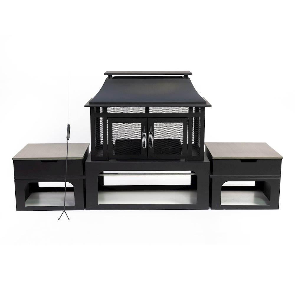 Steel Woodburning Fireplace with Log Storage Compartment & Side Tables. Picture 1