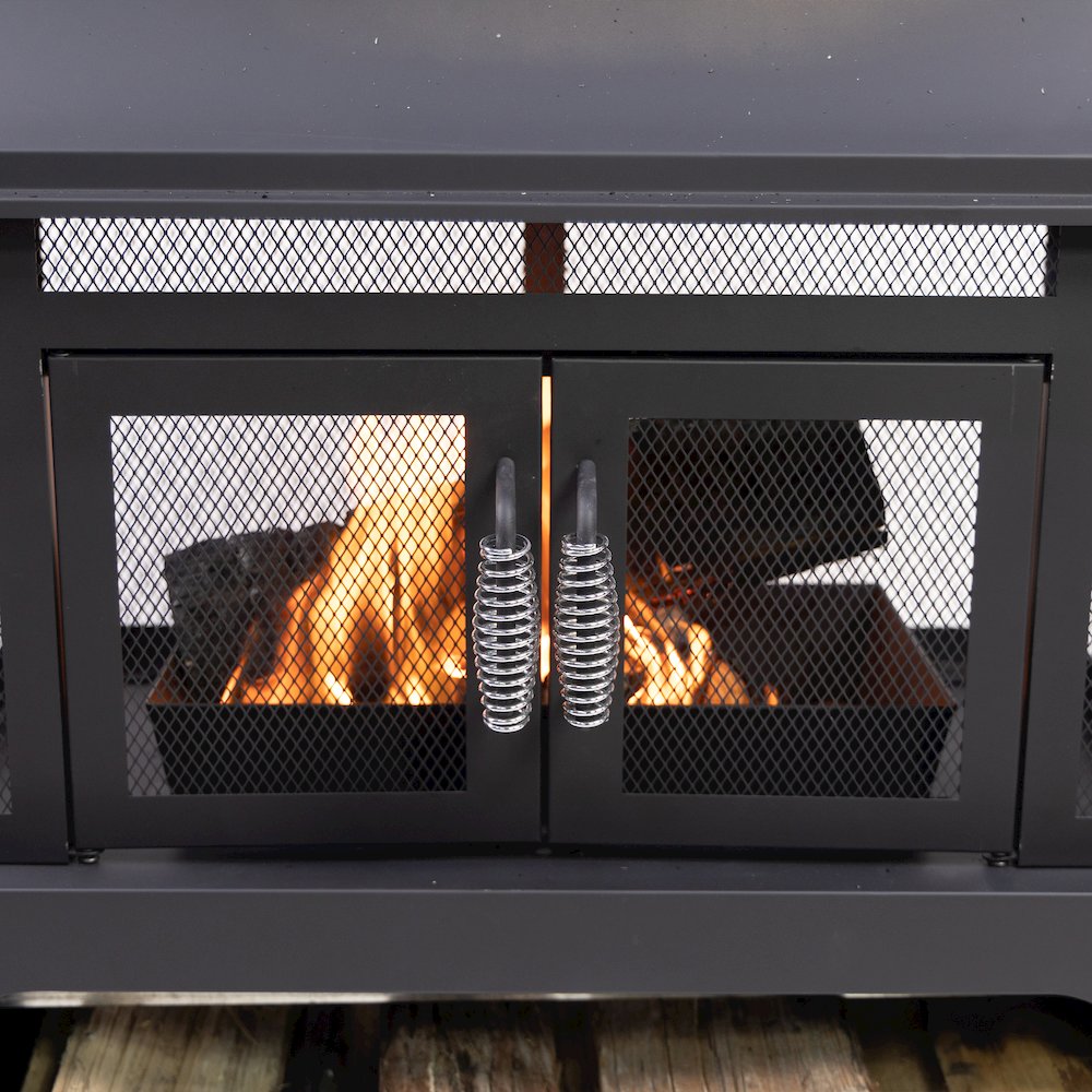 Steel Woodburning Fireplace with Log Storage Compartment & Side Tables. Picture 5