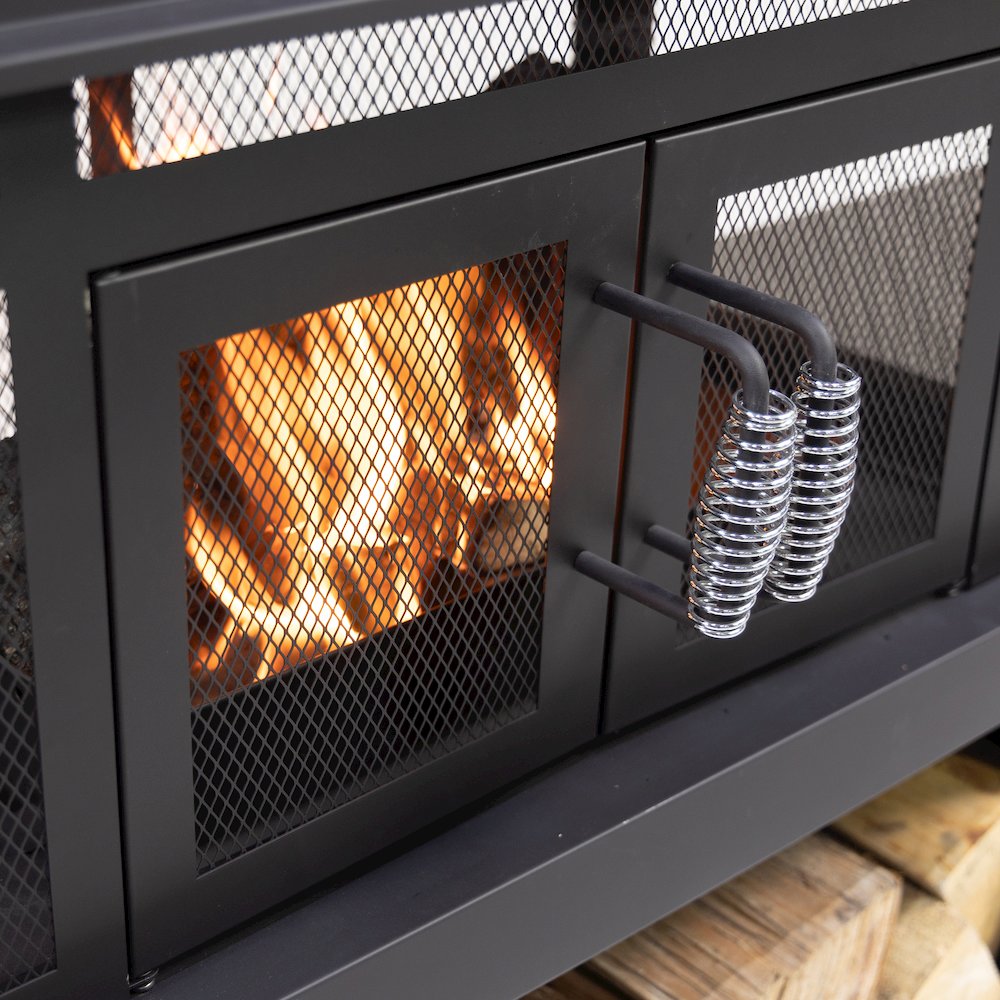 Steel Woodburning Fireplace with Log Storage Compartment & Side Tables. Picture 7