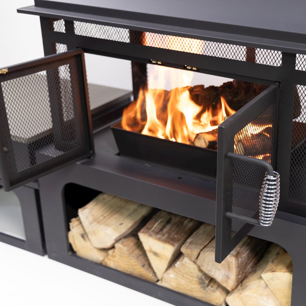 Steel Woodburning Fireplace with Log Storage Compartment & Side Tables. Picture 4
