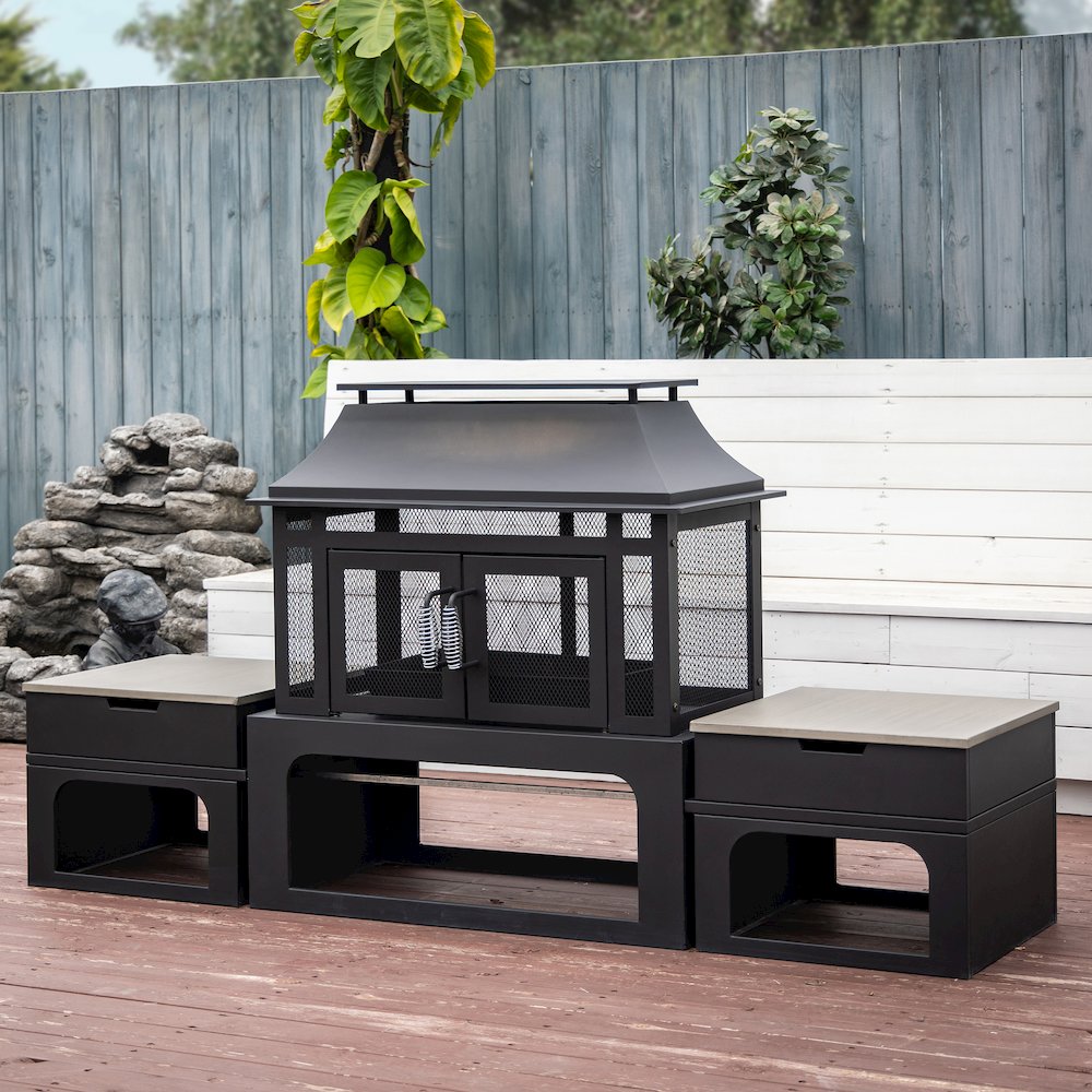 Steel Woodburning Fireplace with Log Storage Compartment & Side Tables. Picture 6