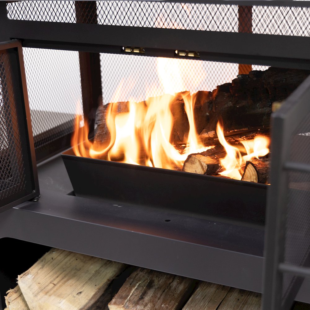 Steel Woodburning Fireplace with Log Storage Compartment & Side Tables. Picture 8