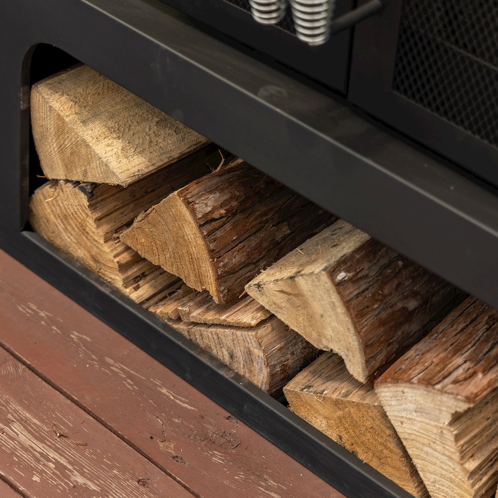 Steel Woodburning Fireplace with Log Storage Compartment & Side Tables. Picture 9