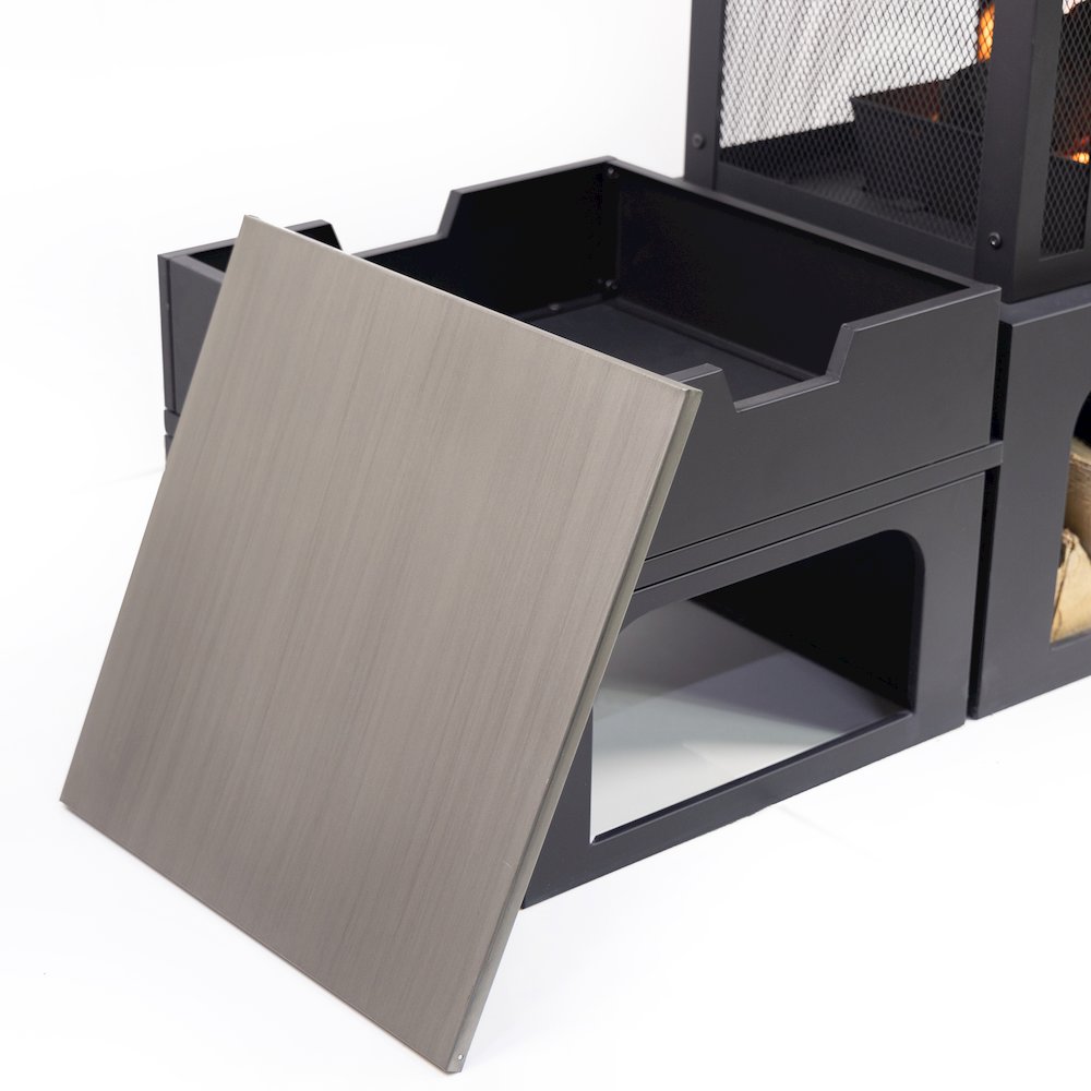 Steel Woodburning Fireplace with Log Storage Compartment & Side Tables. Picture 3