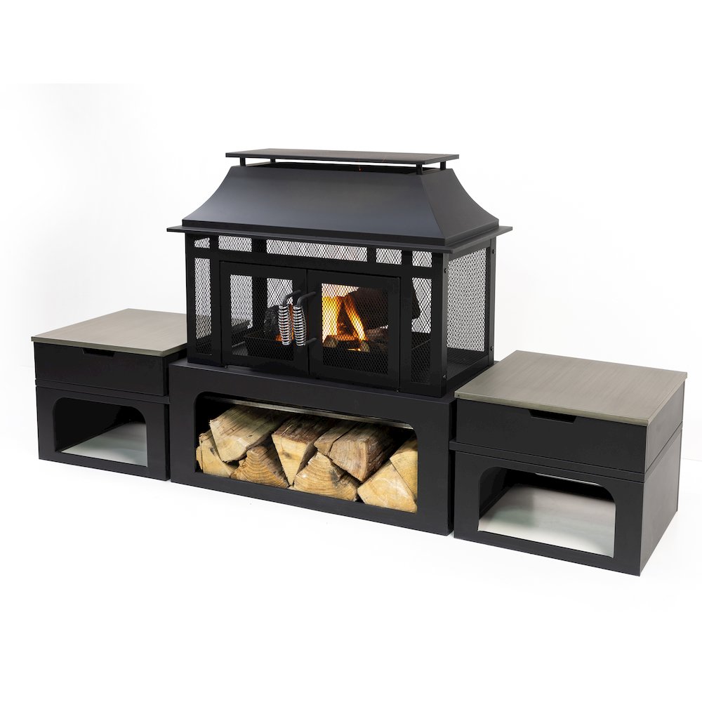 Steel Woodburning Fireplace with Log Storage Compartment & Side Tables. Picture 2