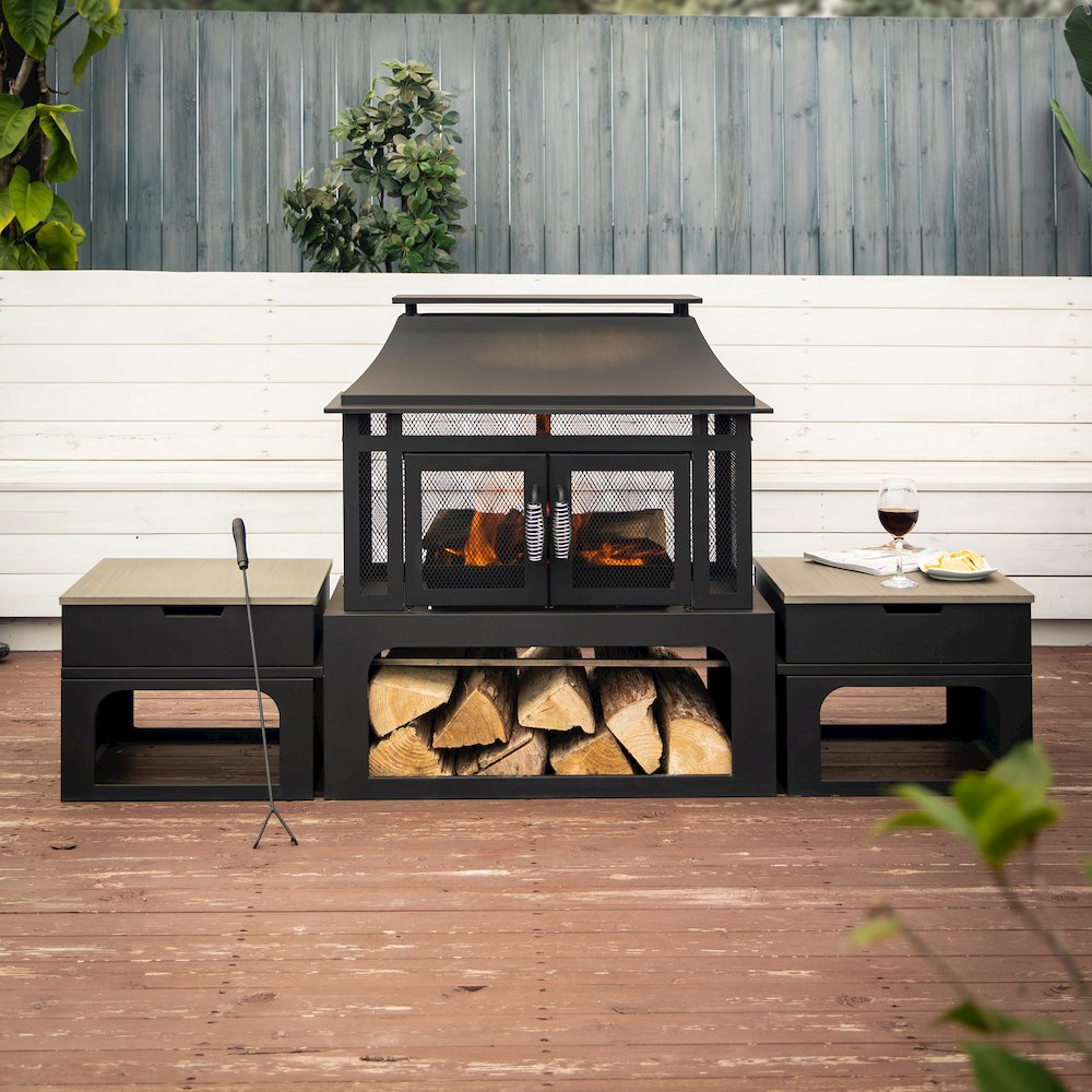 Steel Woodburning Fireplace with Log Storage Compartment & Side Tables. Picture 11