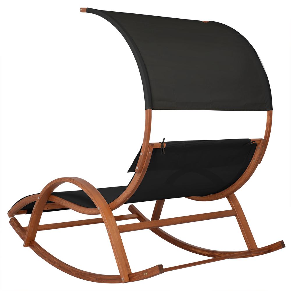 Outdoor Cedar Wood Patio Lounge Daybed with Black Textilene Fabric & Canopy. Picture 1