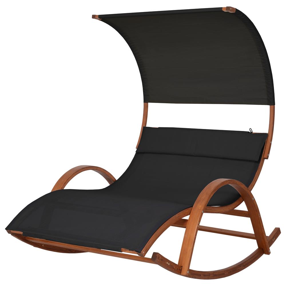 Outdoor Cedar Wood Patio Lounge Daybed with Black Textilene Fabric & Canopy. Picture 4