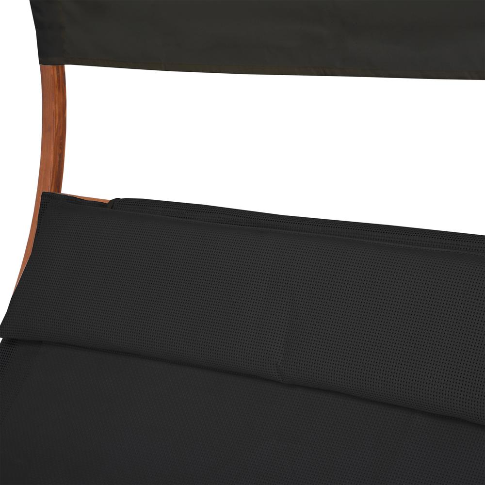 Outdoor Cedar Wood Patio Lounge Daybed with Black Textilene Fabric & Canopy. Picture 6