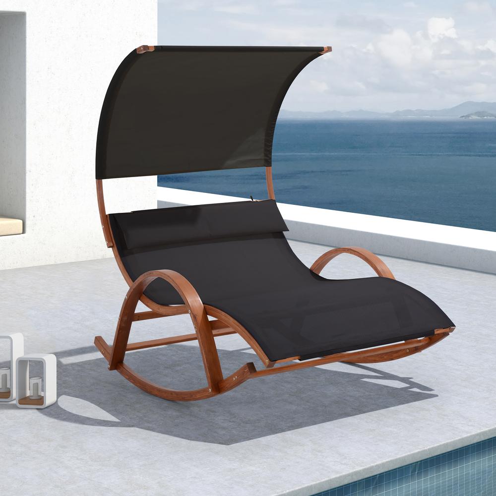 Outdoor Cedar Wood Patio Lounge Daybed with Black Textilene Fabric & Canopy. Picture 9