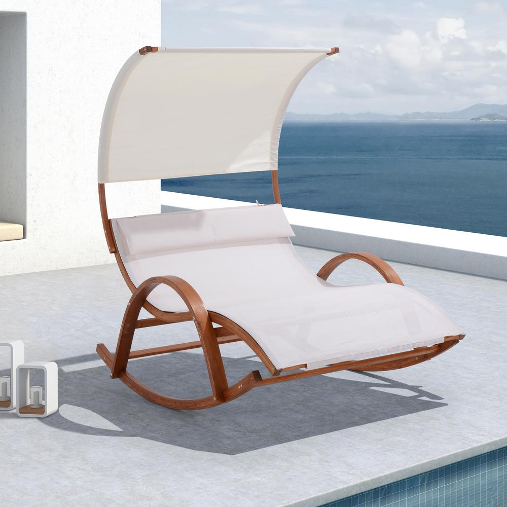 Outdoor Cedar Wood Patio Lounge Daybed with White Textilene Fabric & Canopy. Picture 6
