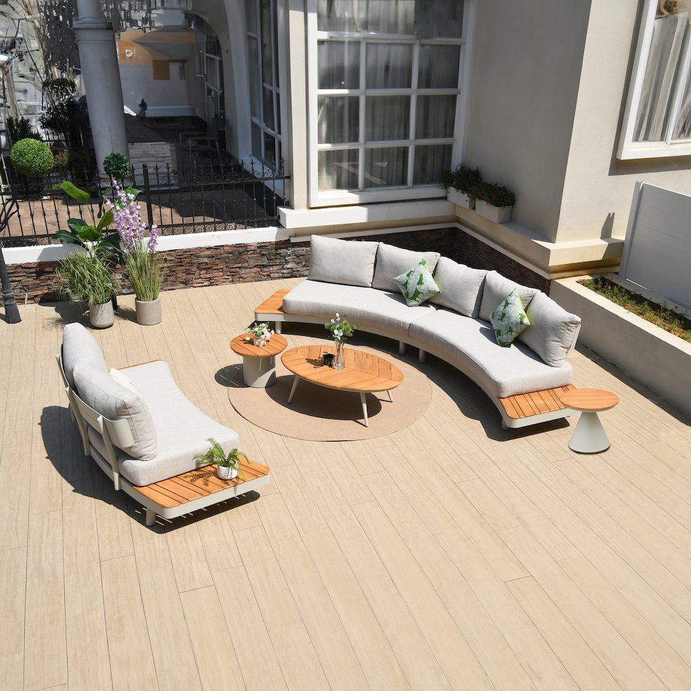 6 Place Seating Outdoor Cream Aluminum and Teak Contour Sofa Set. Picture 1