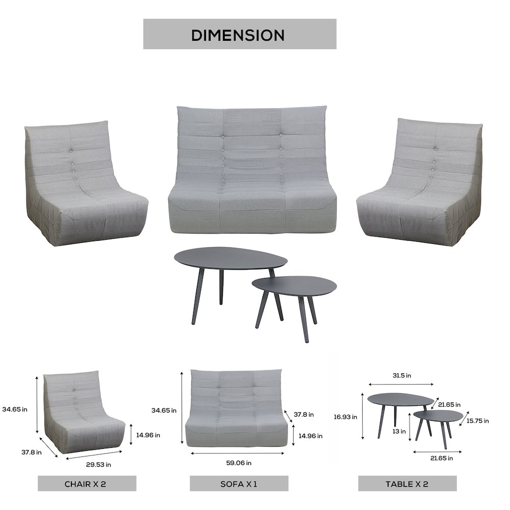 5 Piece Gray Outdoor Compressed Foam Loveseat Sofa Chairs and Table Set. Picture 19