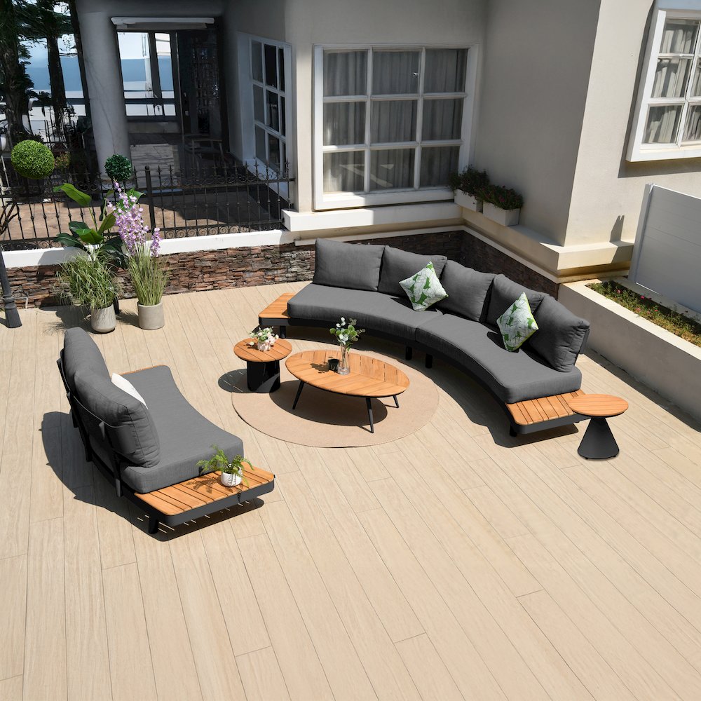 6 Place Seating Outdoor Gray Aluminum and Teak Contour Sofa Set. Picture 1
