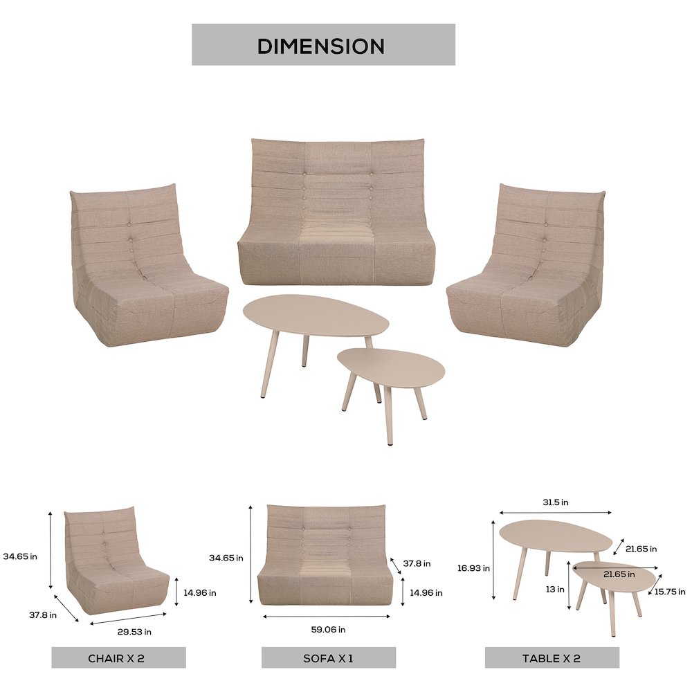 5 Piece Brown Outdoor Compressed Foam Loveseat Sofa Chairs and Table Set. Picture 16