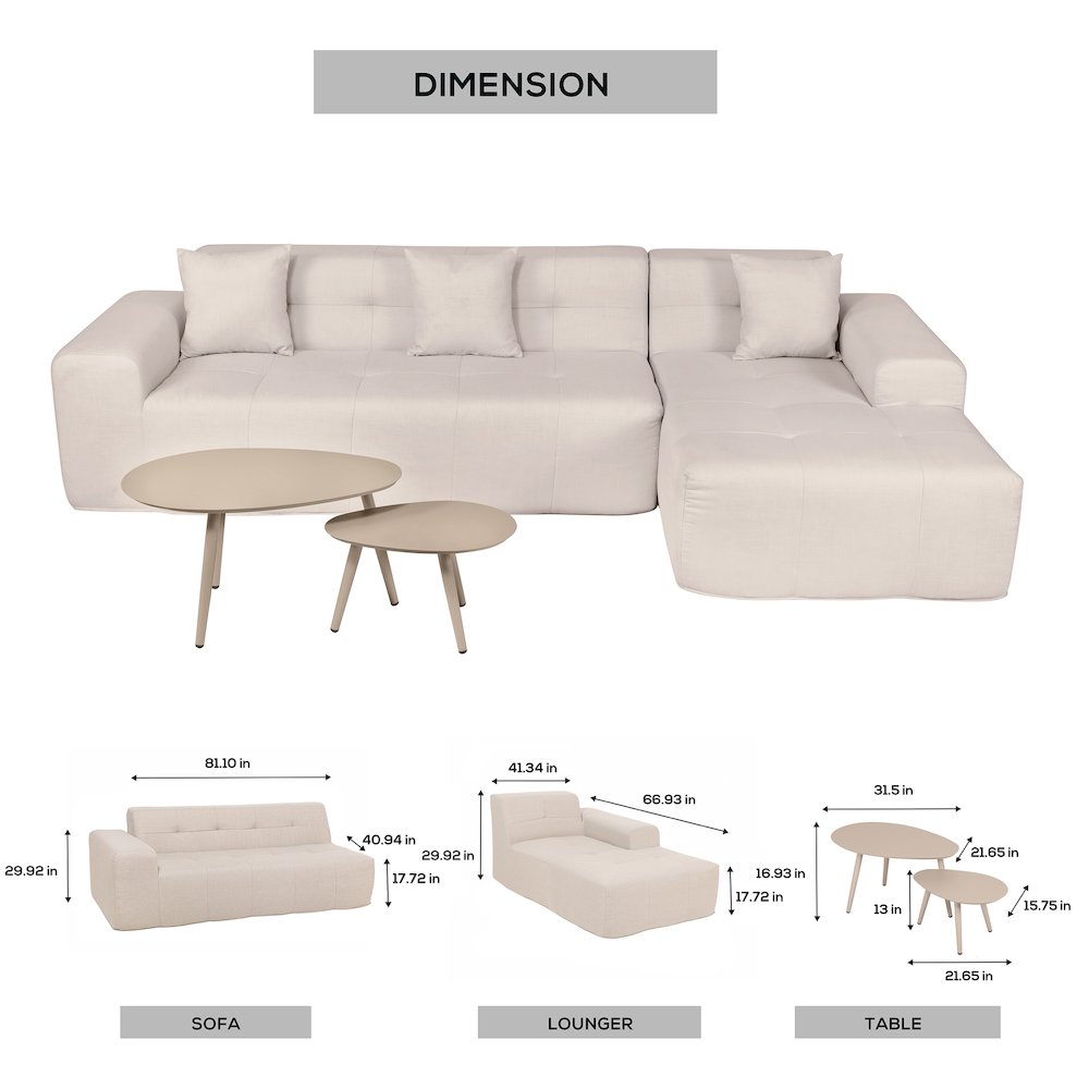 4 Piece Beige Outdoor Compressed Foam Sectional Sofa Lounger and Table Set. Picture 5