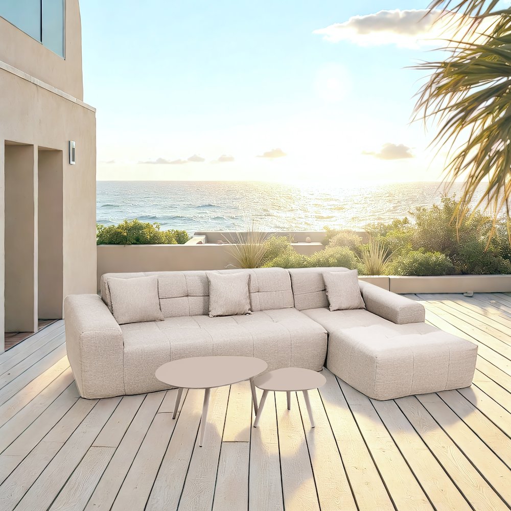 4 Piece Beige Outdoor Compressed Foam Sectional Sofa Lounger and Table Set. Picture 6