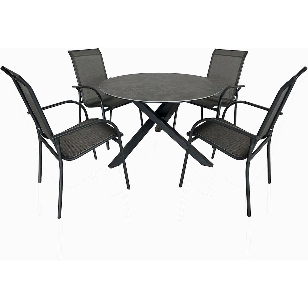 4 Place Grey Outdoor Aluminum Round Patio Dining Table and Stackable Chairs Set. Picture 1