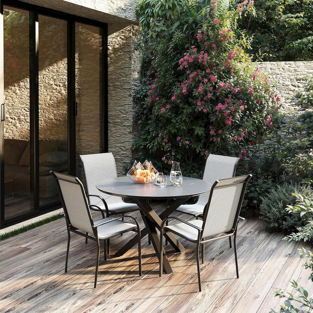 4 Place Grey Outdoor Aluminum Round Patio Dining Table and Stackable Chairs Set. Picture 2