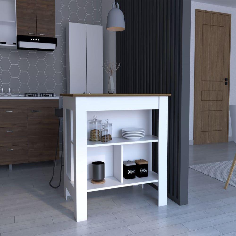 Kitchen Island Dozza, Three Shelves, White / Walnut Finish. Picture 2