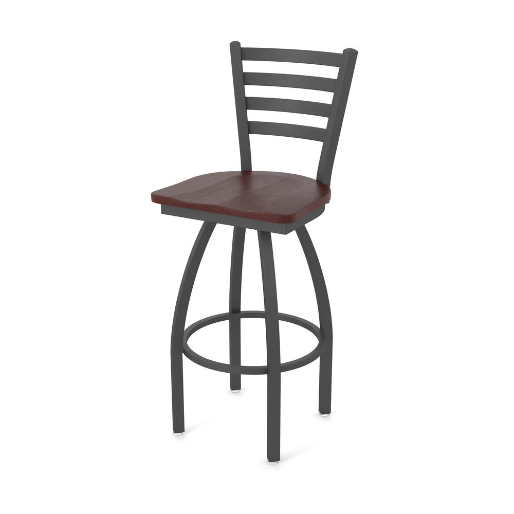 410 Jackie 36" Swivel Bar Stool with Pewter Finish and Dark Cherry Oak Seat. Picture 1
