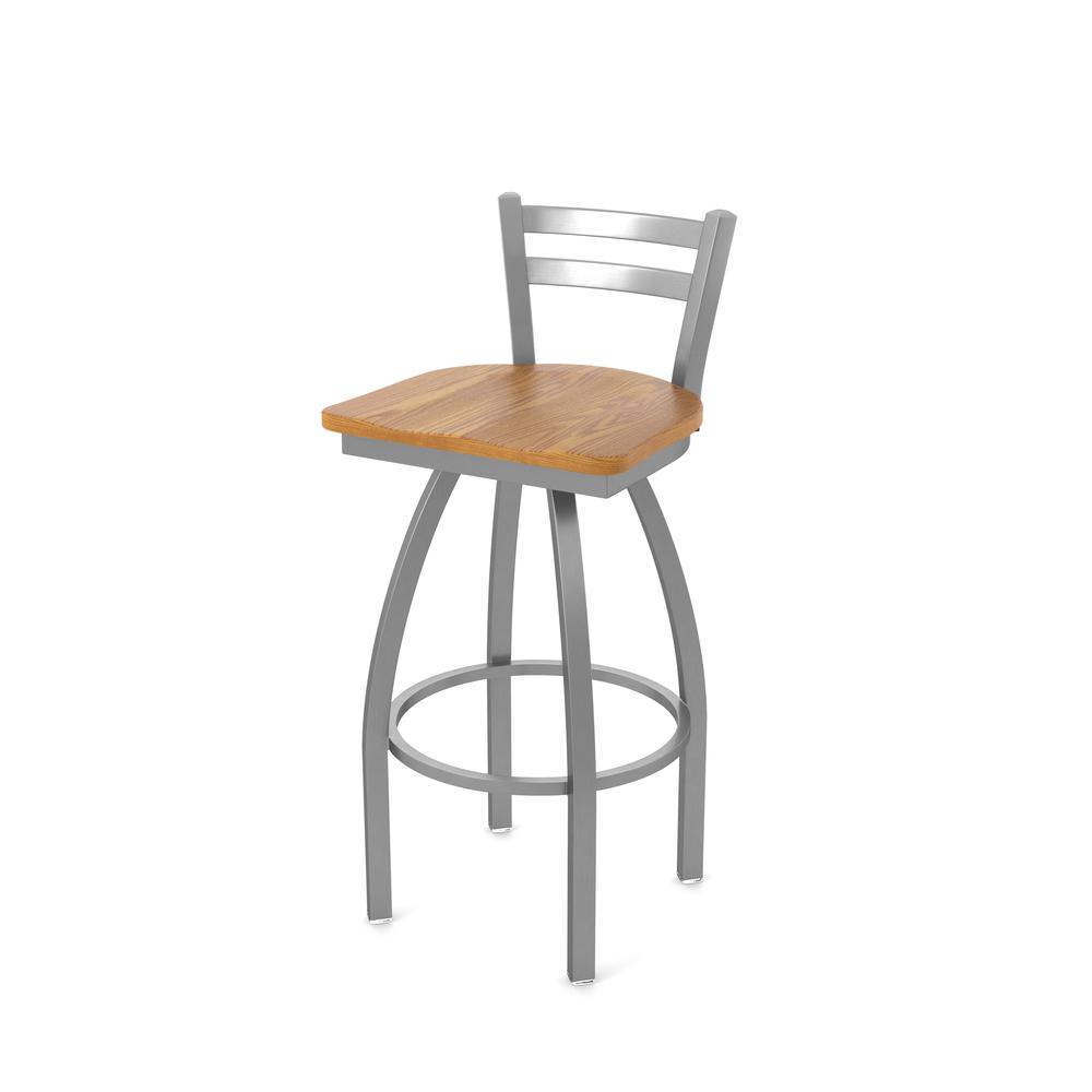411 Jackie Low Back Stainless Steel 30" Swivel Bar Stool with Medium Oak Seat. Picture 1