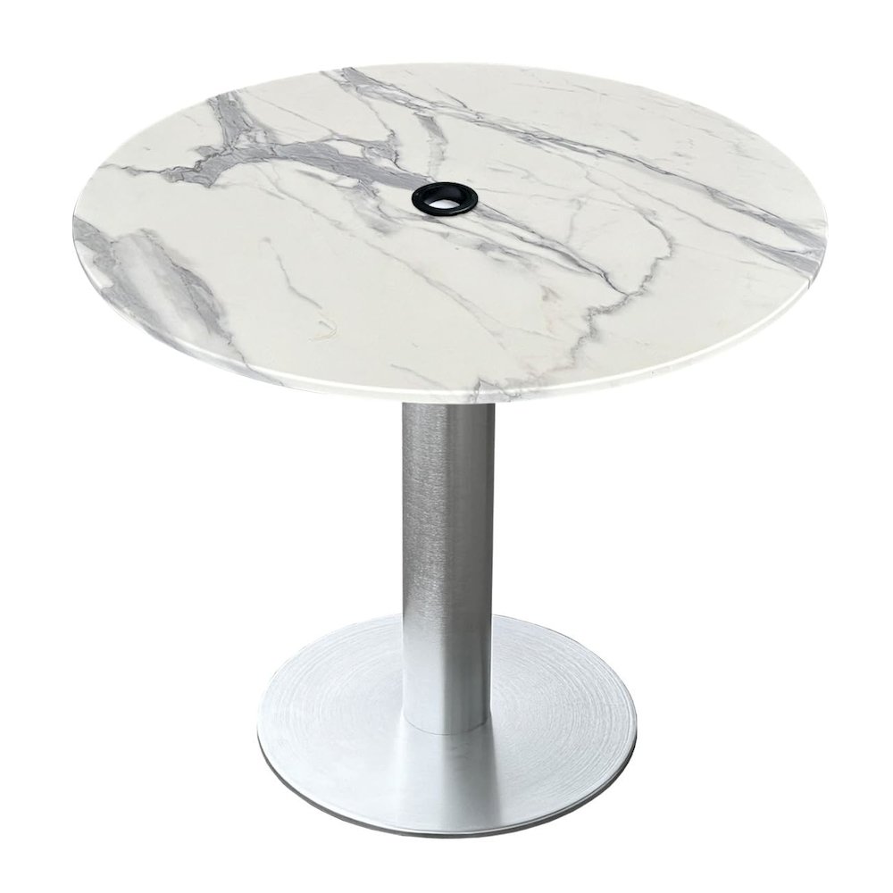 All-Season Table with 36" Diameter White Marble Top with Umbrella Hole. Picture 1