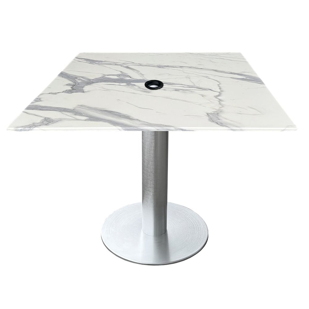 All-Season Table with 32" x 32" Square White Marble Top with Umbrella Hole. Picture 1