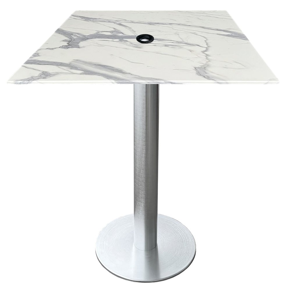All-Season Table with 32" x 32" Square White Marble Top with Umbrella Hole. Picture 1