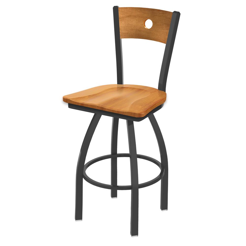 830 Voltaire 30" Swivel Counter Stool with Pewter Finish, Medium Back, and Medium Maple Seat. Picture 1