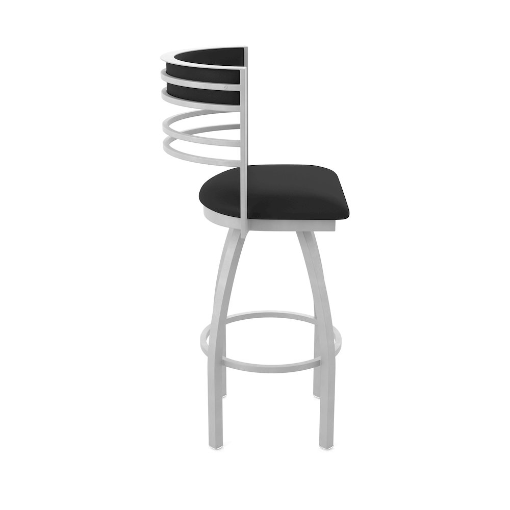 Swivel Bar Stool with Anodized Nickel Finish and Black Vinyl Seat and Back. Picture 4