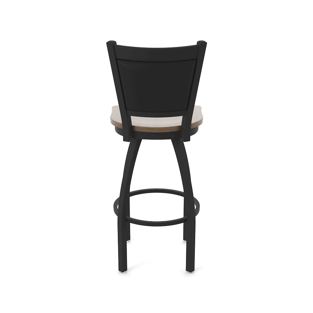 Swivel Bar Stool with Black Wrinkle Finish and Dark Maple Seat and Black Vinyl. Picture 6