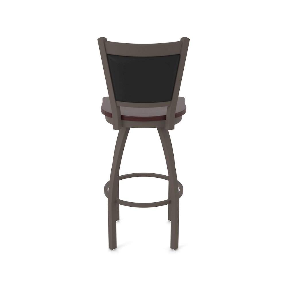 Swivel Bar Stool with Bronze Finish and Dark Cherry Maple Seat and Black Vinyl. Picture 6