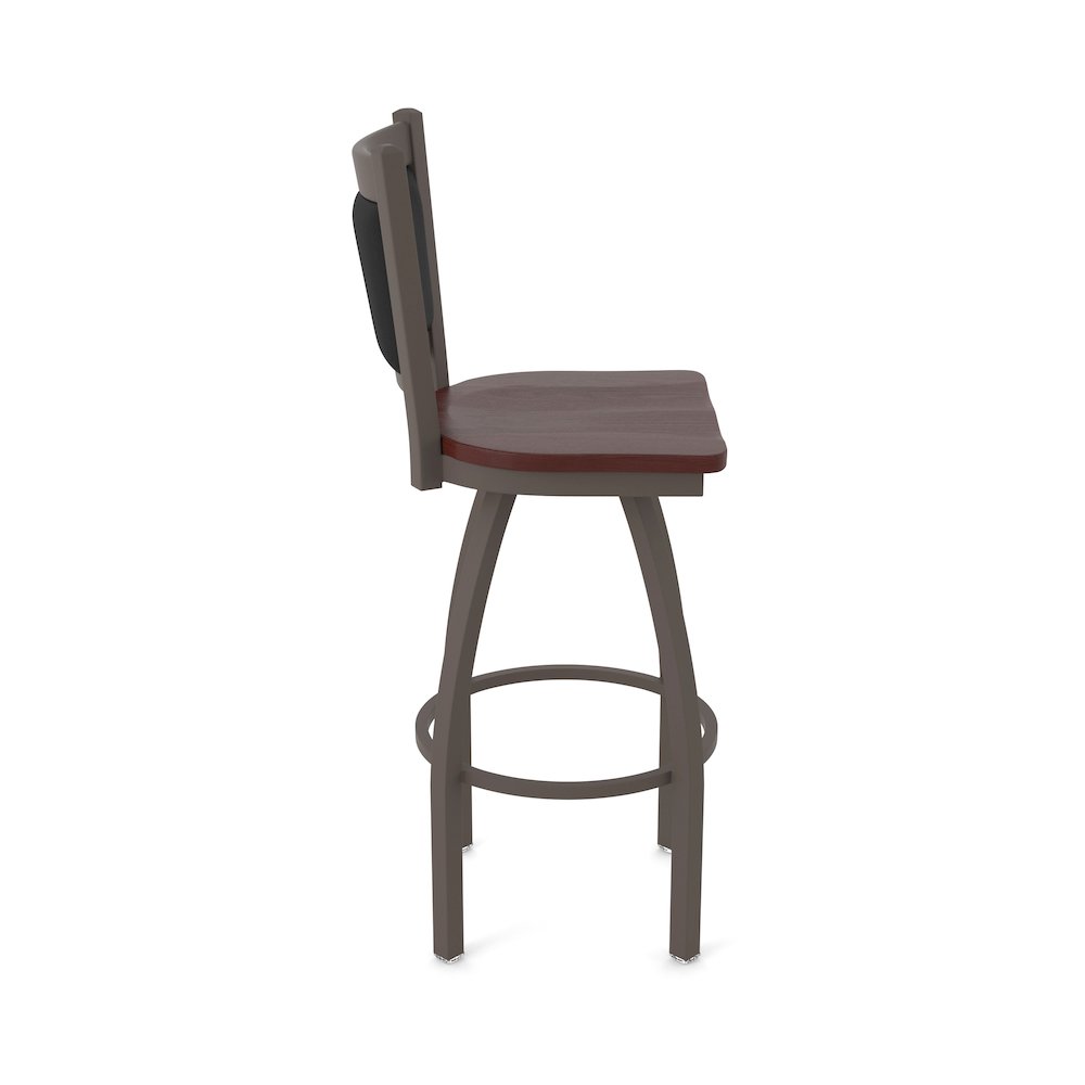Swivel Bar Stool with Bronze Finish and Dark Cherry Oak Seat and Black Vinyl. Picture 4