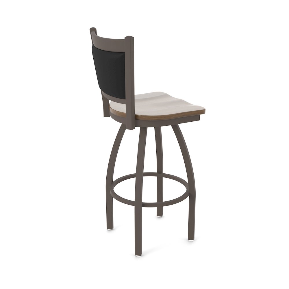 Swivel Bar Stool with Bronze Finish and Dark Maple Seat and Black Vinyl Back. Picture 2