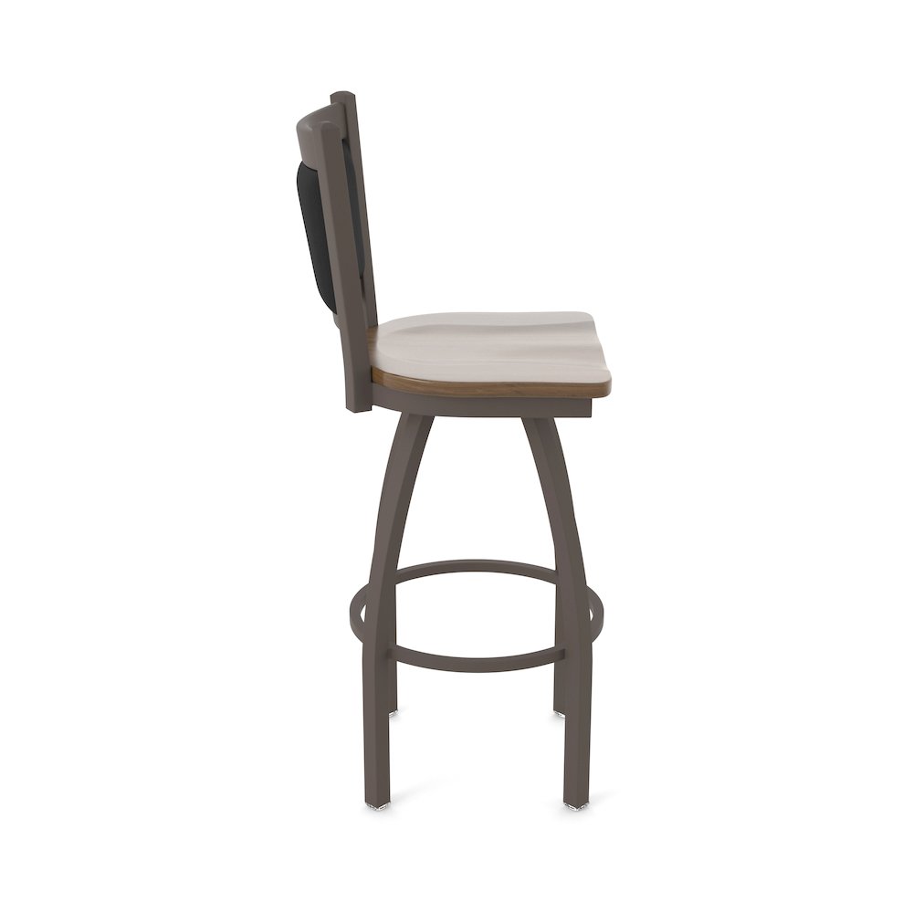Swivel Bar Stool with Bronze Finish and Dark Maple Seat and Black Vinyl Back. Picture 4