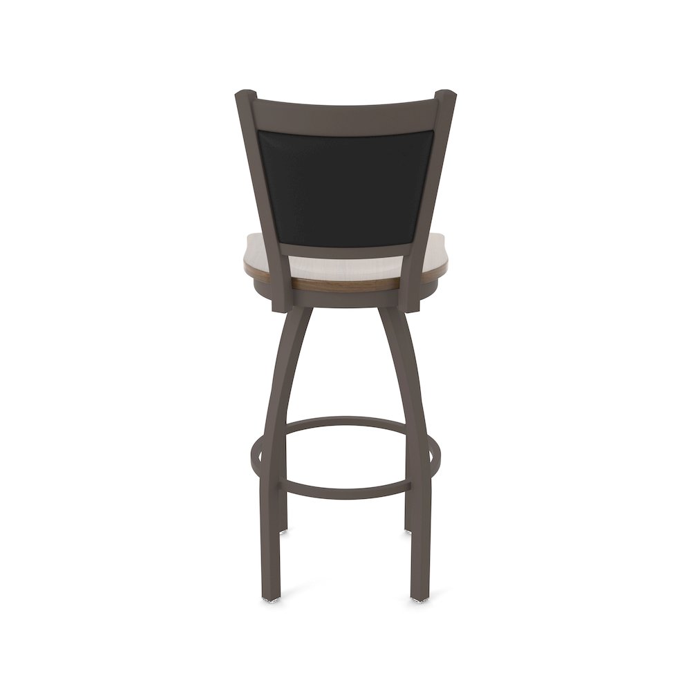 Swivel Bar Stool with Bronze Finish and Dark Maple Seat and Black Vinyl Back. Picture 6