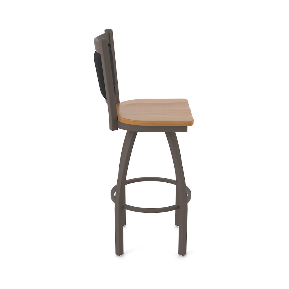 Swivel Bar Stool with Bronze Finish and Medium Maple Seat and Black Vinyl Back. Picture 4