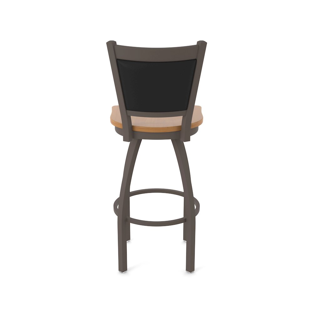 Swivel Bar Stool with Bronze Finish and Medium Maple Seat and Black Vinyl Back. Picture 6