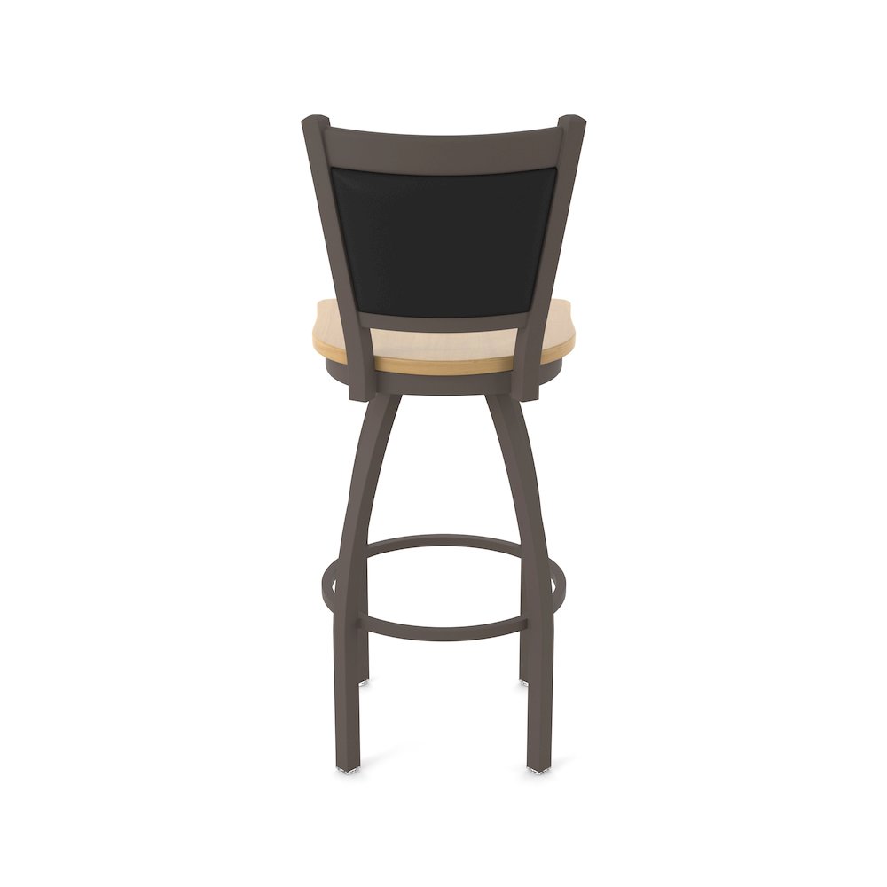 Swivel Bar Stool with Bronze Finish and Natural Maple Seat and Black Vinyl Back. Picture 6