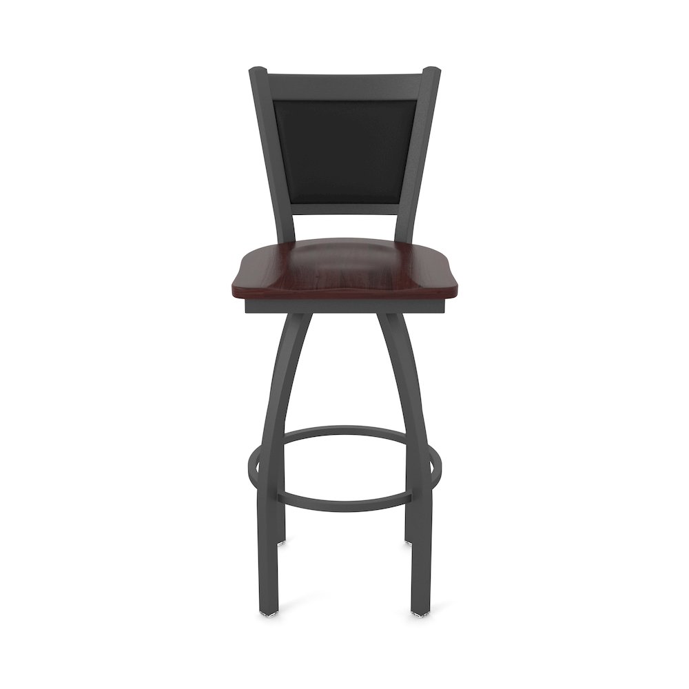 Swivel Bar Stool with Pewter Finish and Dark Cherry Maple Seat and Black Vinyl. Picture 5