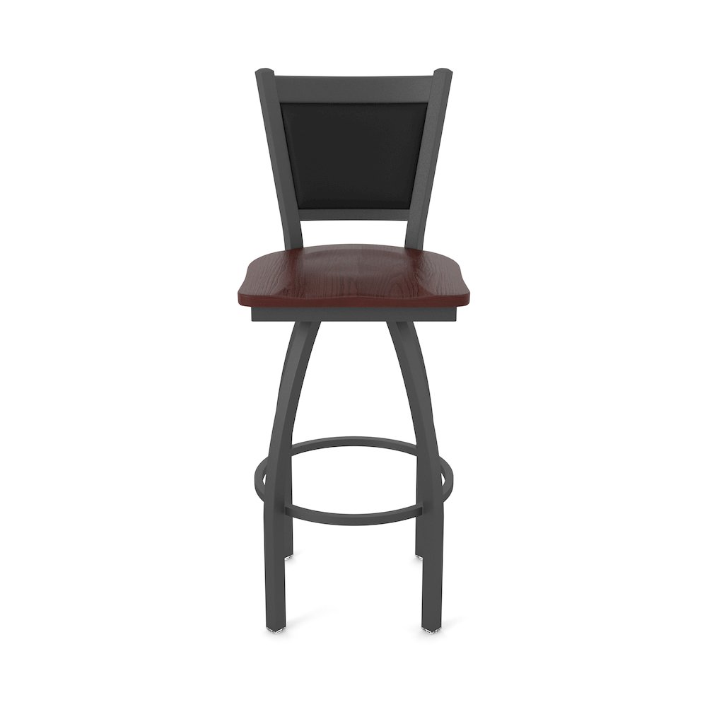 Swivel Bar Stool with Pewter Finish and Dark Cherry Oak Seat and Black Vinyl. Picture 5