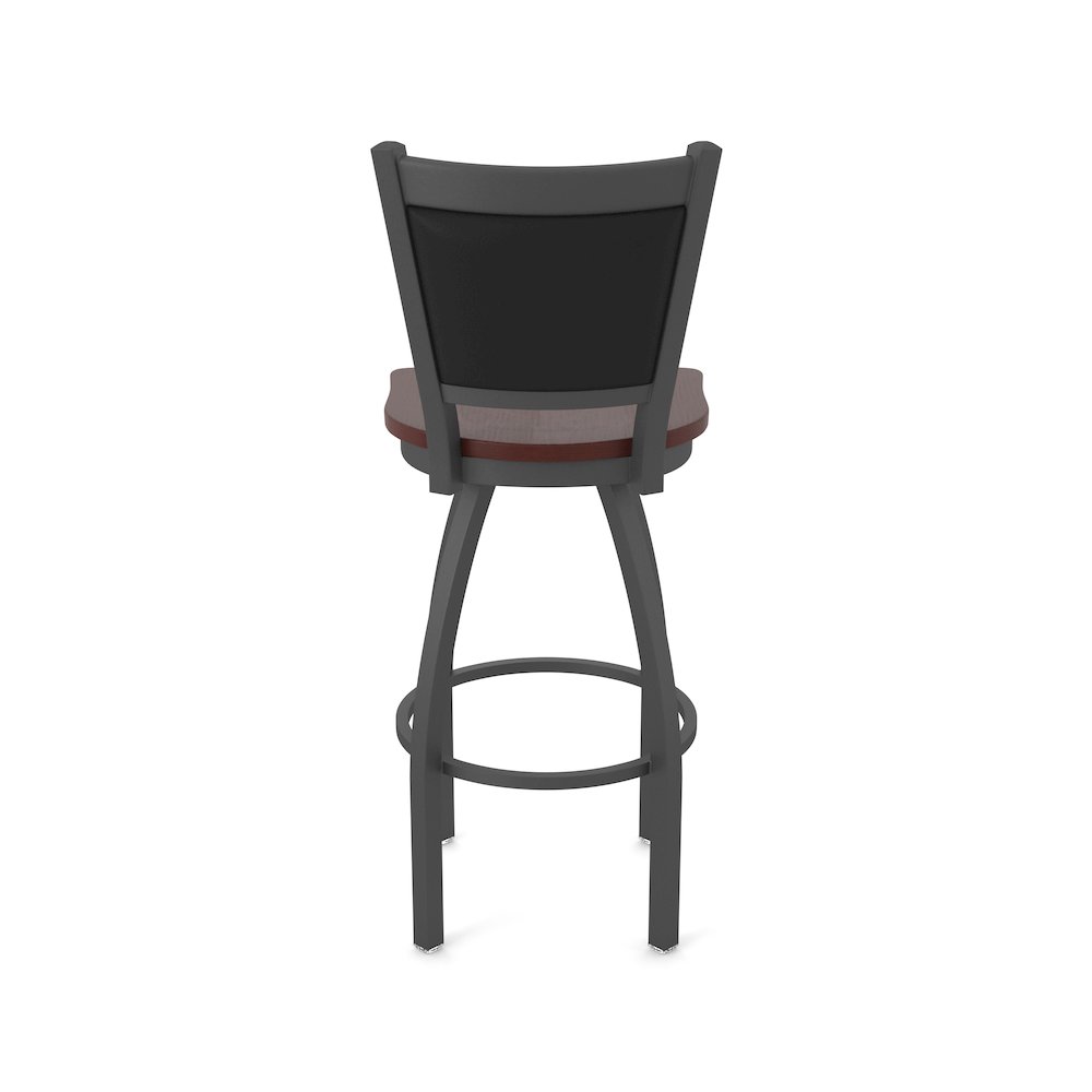 Swivel Bar Stool with Pewter Finish and Dark Cherry Oak Seat and Black Vinyl. Picture 6