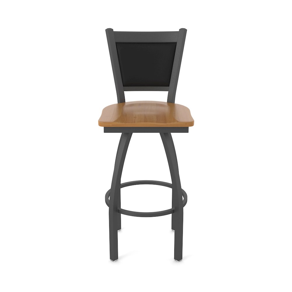 Swivel Bar Stool with Pewter Finish and Medium Maple Seat and Black Vinyl Back. Picture 5